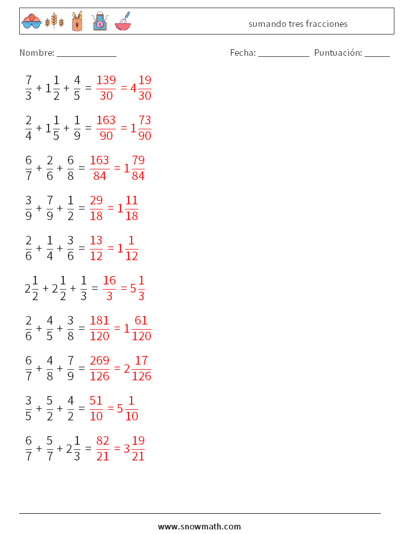 (10) sumando tres fracciones Hojas de trabajo de matemáticas 3 Pregunta, respuesta