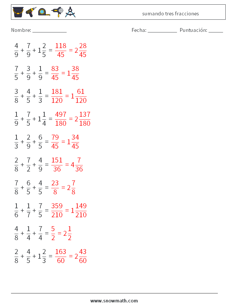 (10) sumando tres fracciones Hojas de trabajo de matemáticas 4 Pregunta, respuesta