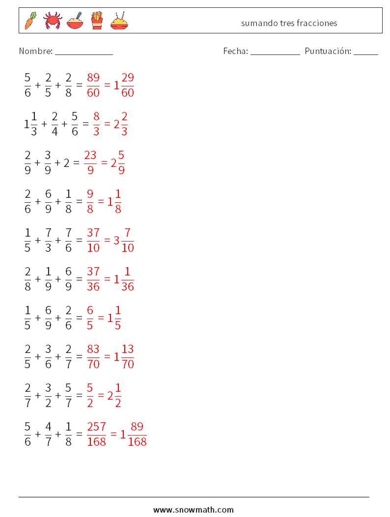 (10) sumando tres fracciones Hojas de trabajo de matemáticas 5 Pregunta, respuesta