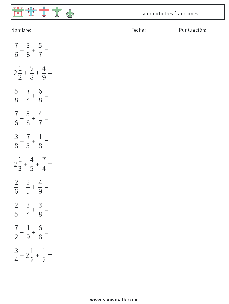 (10) sumando tres fracciones Hojas de trabajo de matemáticas 6