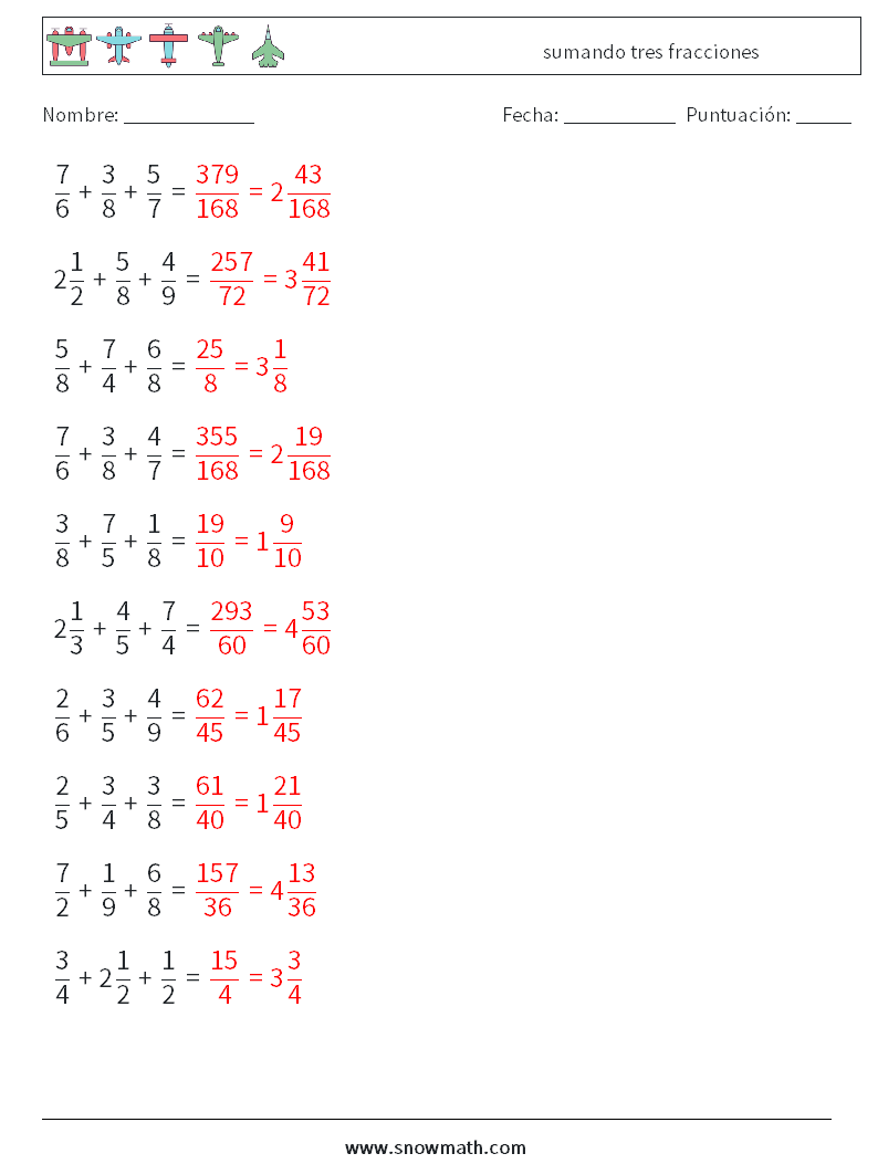 (10) sumando tres fracciones Hojas de trabajo de matemáticas 6 Pregunta, respuesta