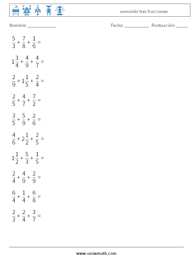 (10) sumando tres fracciones Hojas de trabajo de matemáticas 7