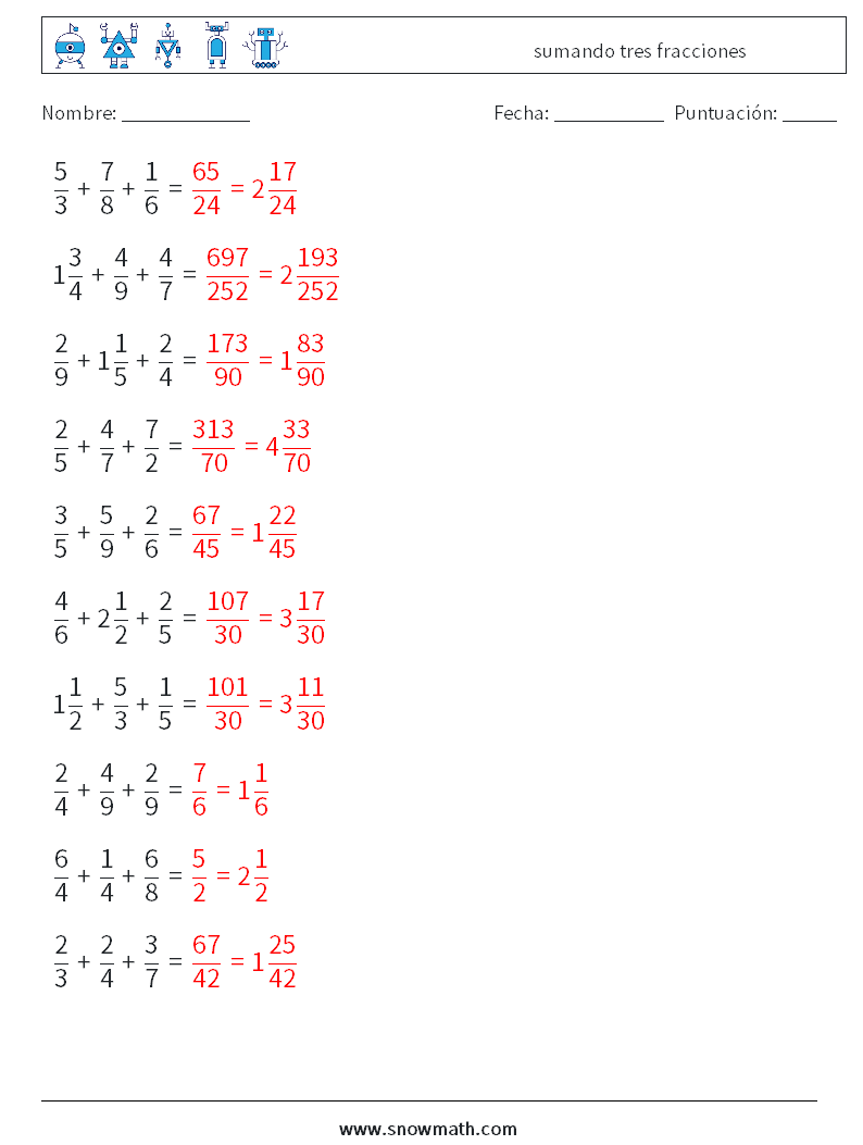(10) sumando tres fracciones Hojas de trabajo de matemáticas 7 Pregunta, respuesta