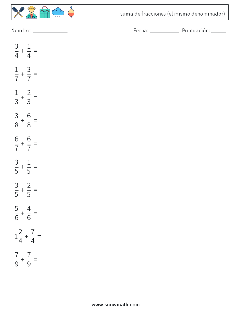 (10) suma de fracciones (el mismo denominador) Hojas de trabajo de matemáticas 10