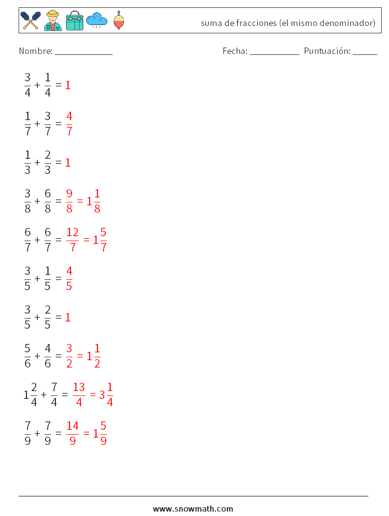 (10) suma de fracciones (el mismo denominador) Hojas de trabajo de matemáticas 10 Pregunta, respuesta
