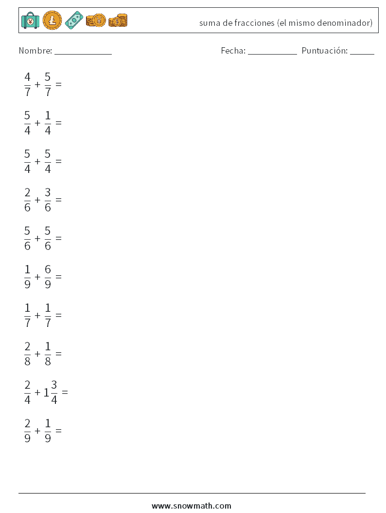(10) suma de fracciones (el mismo denominador) Hojas de trabajo de matemáticas 11