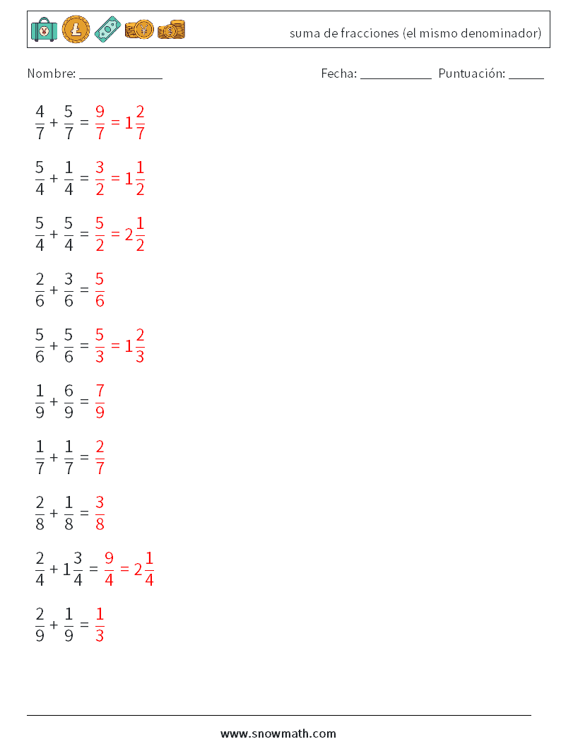 (10) suma de fracciones (el mismo denominador) Hojas de trabajo de matemáticas 11 Pregunta, respuesta