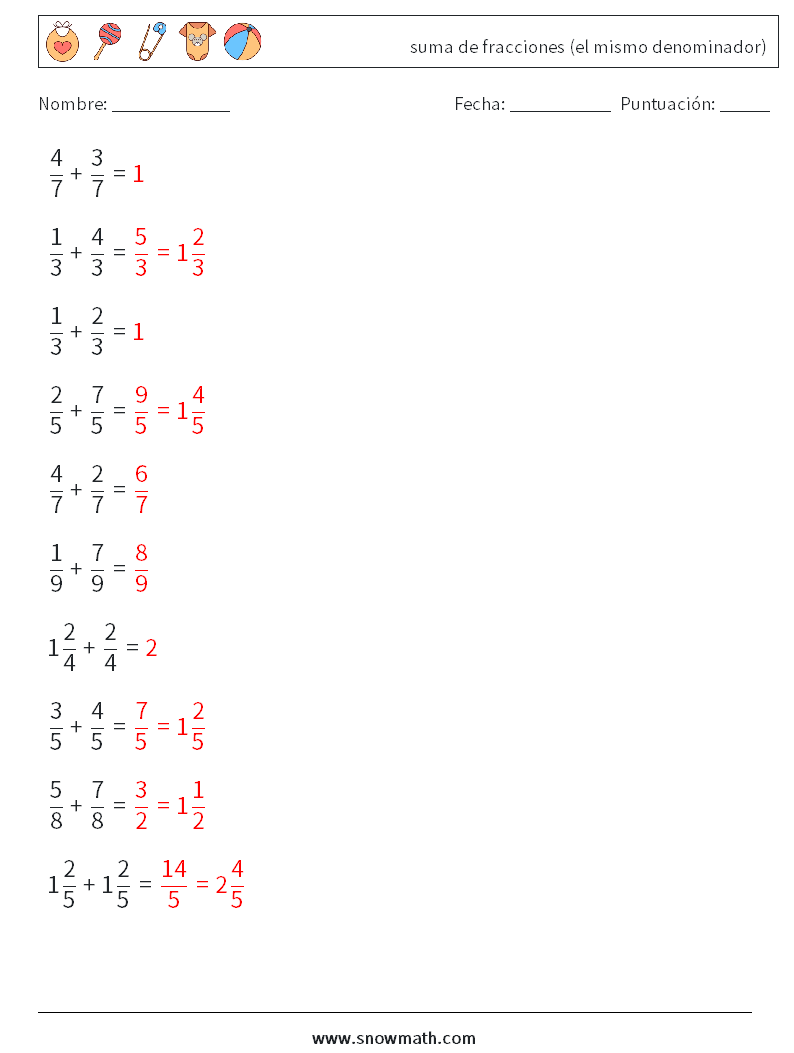(10) suma de fracciones (el mismo denominador) Hojas de trabajo de matemáticas 12 Pregunta, respuesta