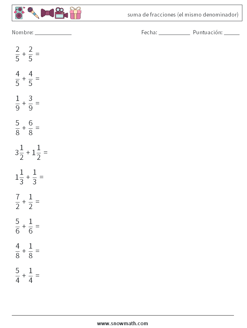 (10) suma de fracciones (el mismo denominador) Hojas de trabajo de matemáticas 13