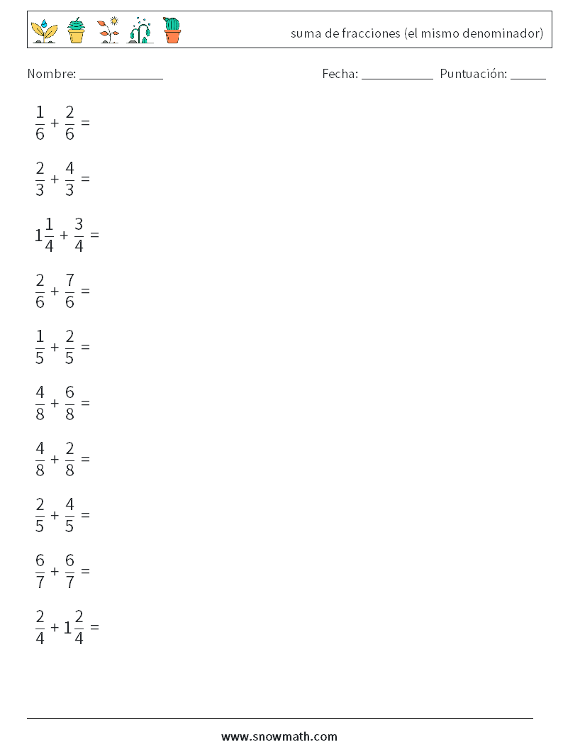 (10) suma de fracciones (el mismo denominador) Hojas de trabajo de matemáticas 14