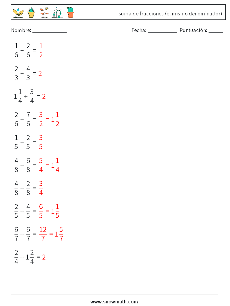 (10) suma de fracciones (el mismo denominador) Hojas de trabajo de matemáticas 14 Pregunta, respuesta