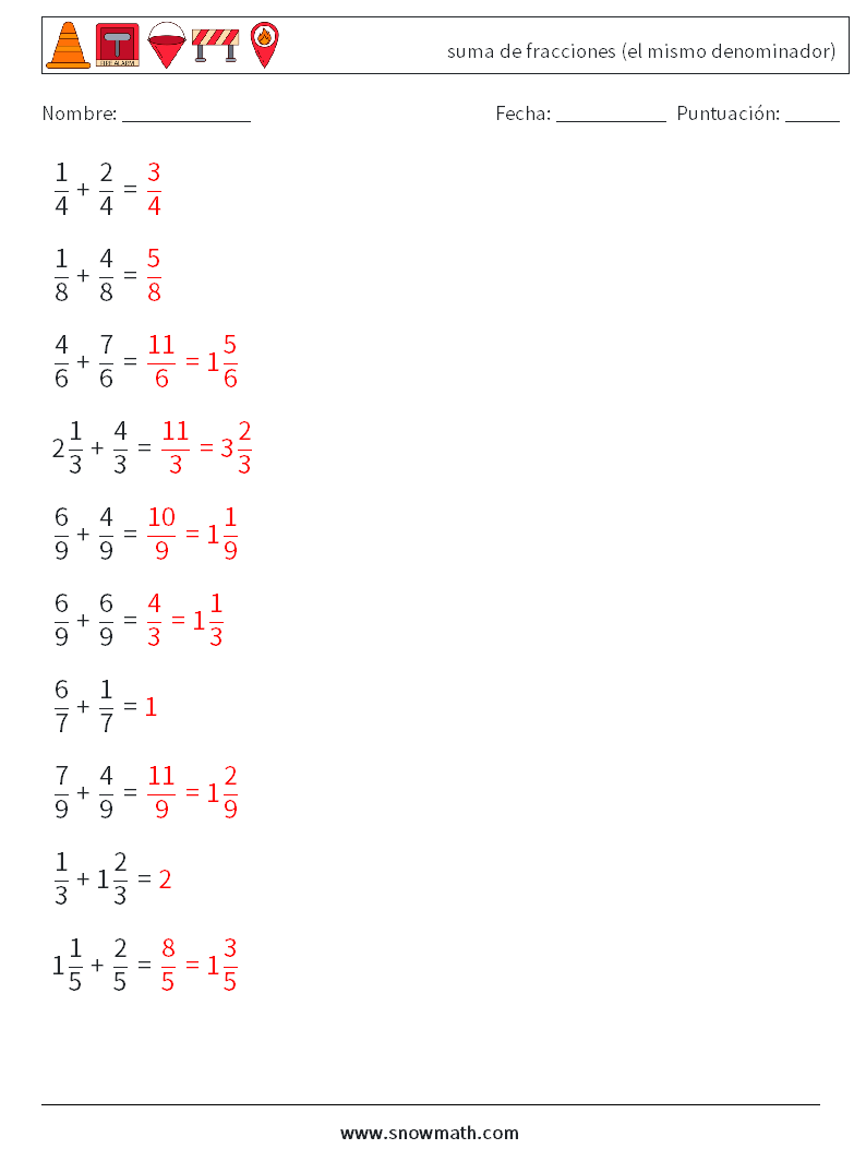 (10) suma de fracciones (el mismo denominador) Hojas de trabajo de matemáticas 15 Pregunta, respuesta