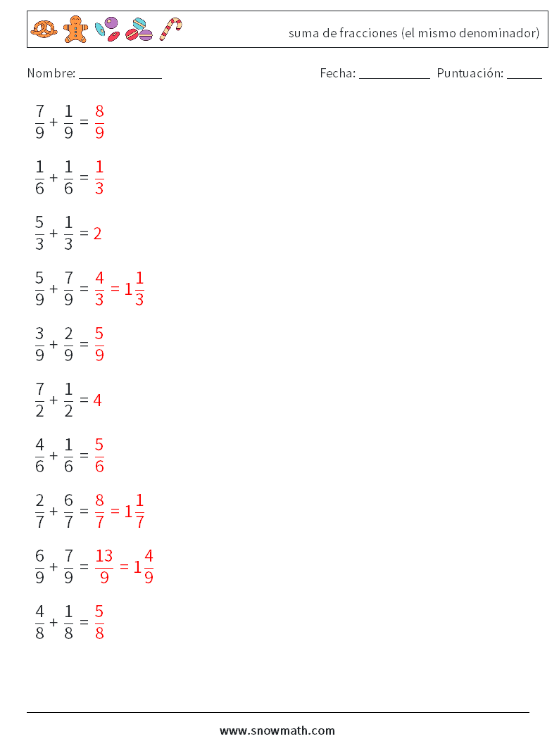 (10) suma de fracciones (el mismo denominador) Hojas de trabajo de matemáticas 16 Pregunta, respuesta