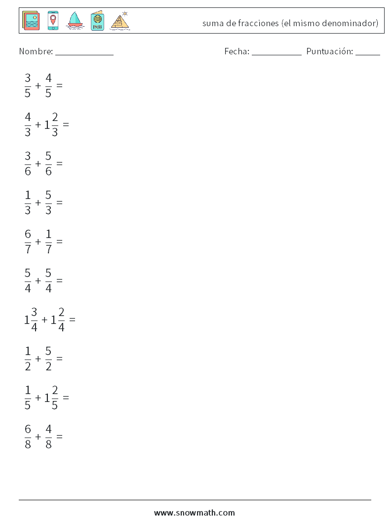 (10) suma de fracciones (el mismo denominador) Hojas de trabajo de matemáticas 17