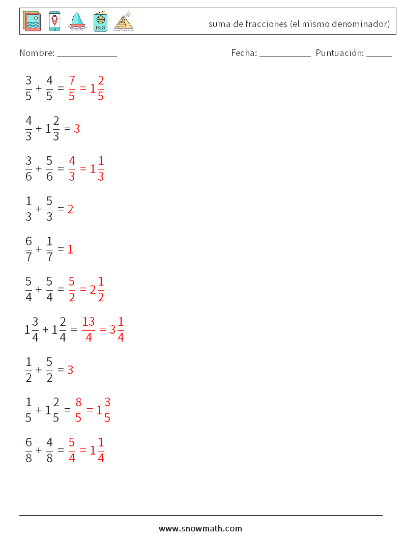 (10) suma de fracciones (el mismo denominador) Hojas de trabajo de matemáticas 17 Pregunta, respuesta