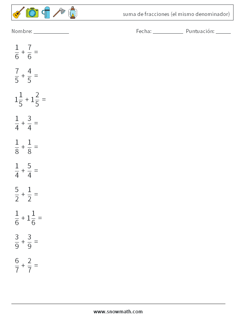 (10) suma de fracciones (el mismo denominador) Hojas de trabajo de matemáticas 18