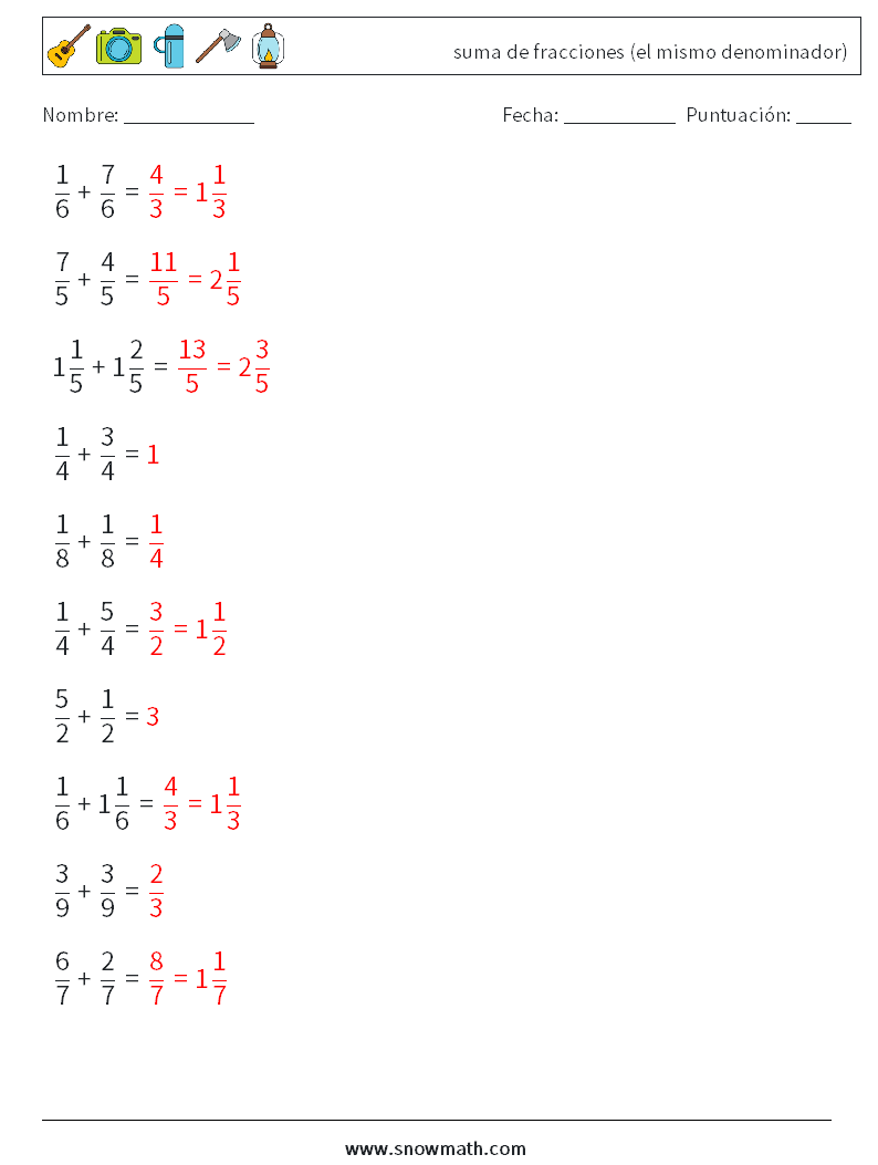 (10) suma de fracciones (el mismo denominador) Hojas de trabajo de matemáticas 18 Pregunta, respuesta