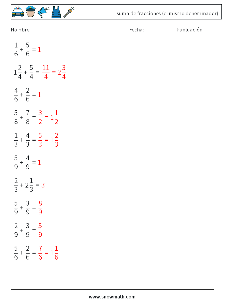 (10) suma de fracciones (el mismo denominador) Hojas de trabajo de matemáticas 1 Pregunta, respuesta