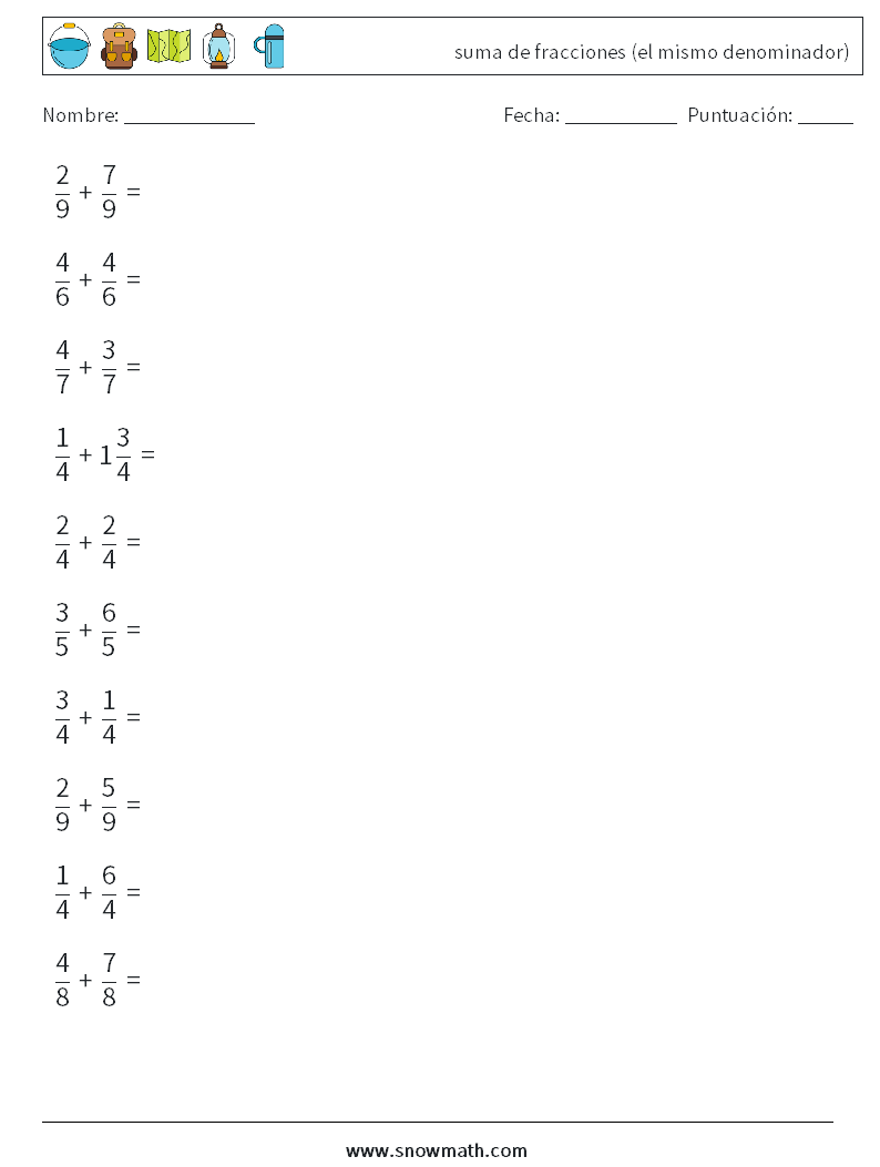 (10) suma de fracciones (el mismo denominador) Hojas de trabajo de matemáticas 2