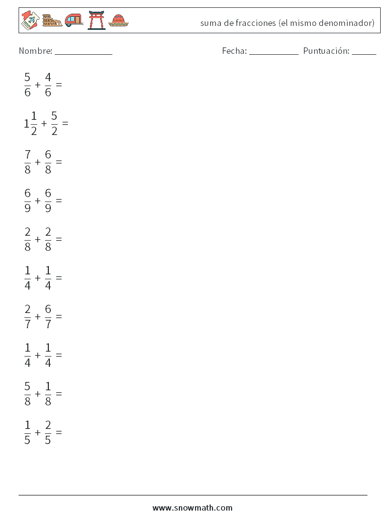 (10) suma de fracciones (el mismo denominador) Hojas de trabajo de matemáticas 3
