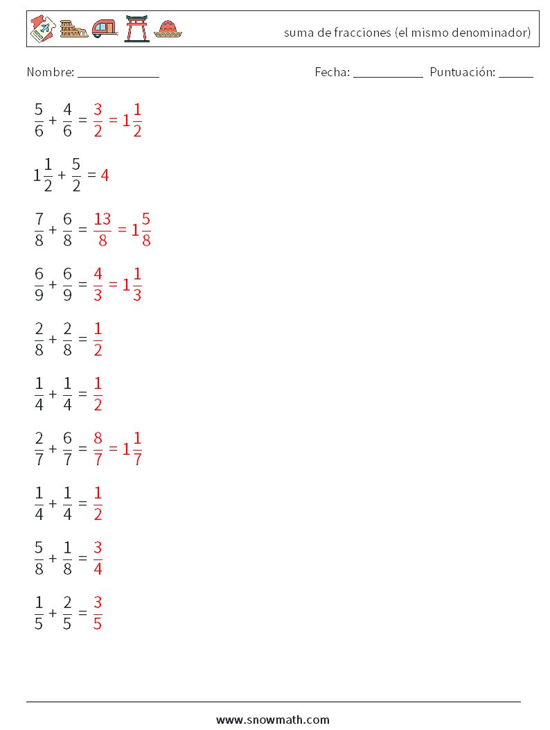 (10) suma de fracciones (el mismo denominador) Hojas de trabajo de matemáticas 3 Pregunta, respuesta