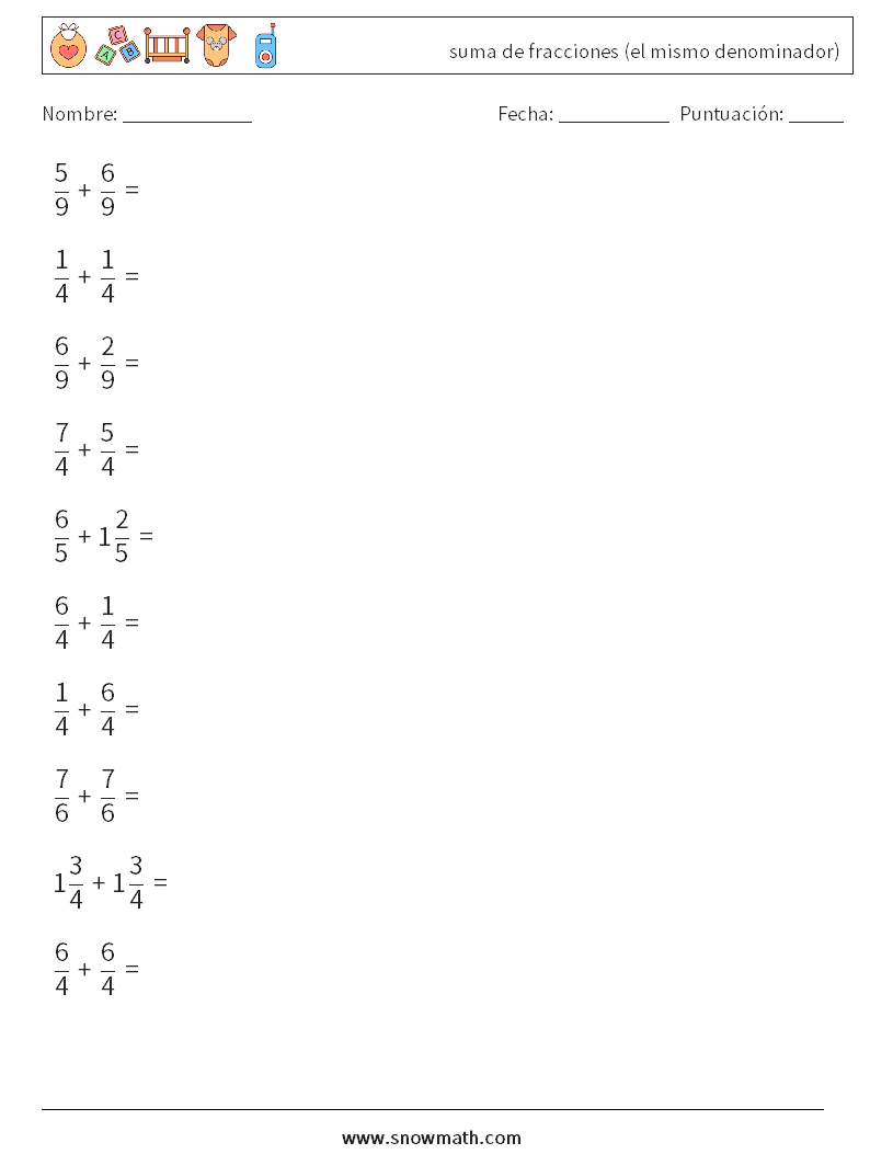 (10) suma de fracciones (el mismo denominador) Hojas de trabajo de matemáticas 4