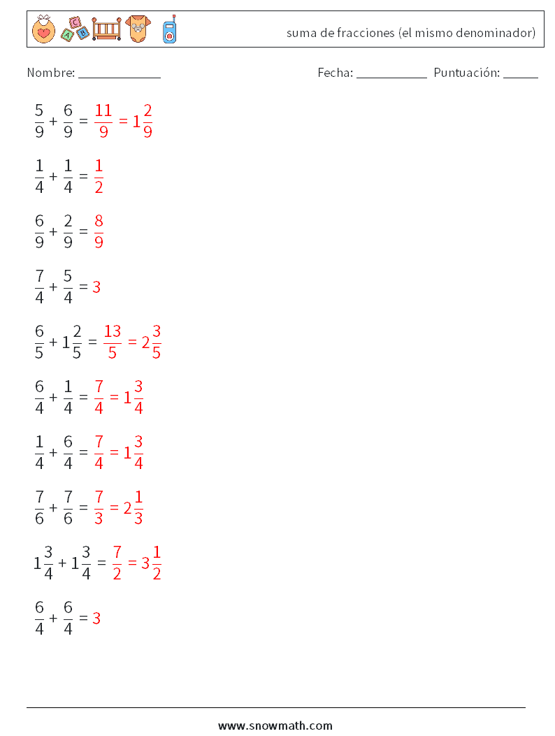 (10) suma de fracciones (el mismo denominador) Hojas de trabajo de matemáticas 4 Pregunta, respuesta