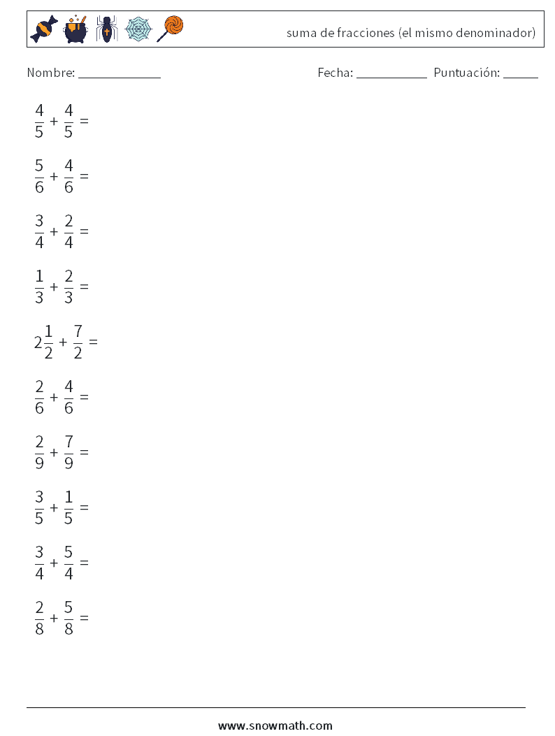 (10) suma de fracciones (el mismo denominador) Hojas de trabajo de matemáticas 5