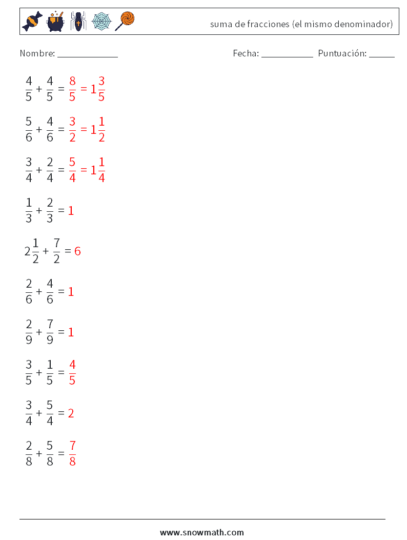 (10) suma de fracciones (el mismo denominador) Hojas de trabajo de matemáticas 5 Pregunta, respuesta