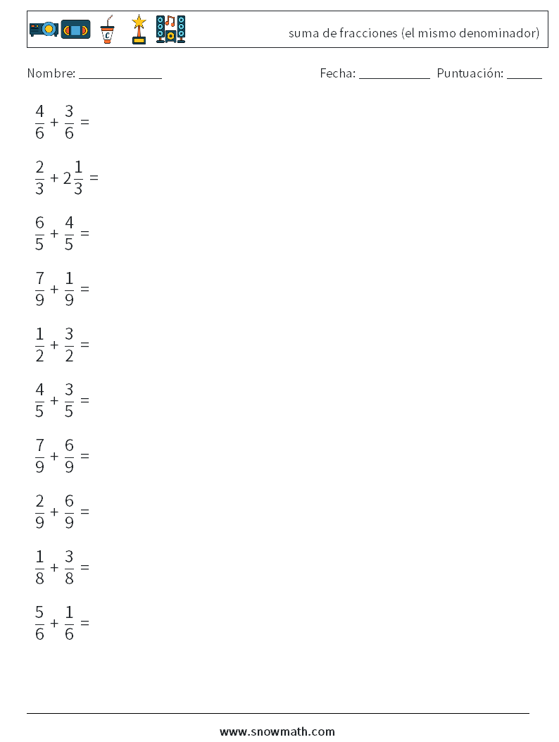 (10) suma de fracciones (el mismo denominador) Hojas de trabajo de matemáticas 7