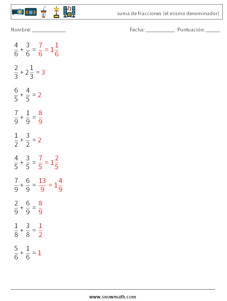 (10) suma de fracciones (el mismo denominador) Hojas de trabajo de matemáticas 7 Pregunta, respuesta