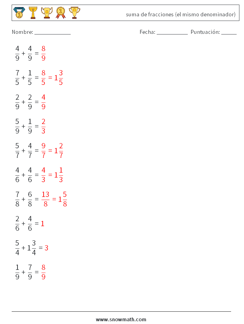 (10) suma de fracciones (el mismo denominador) Hojas de trabajo de matemáticas 8 Pregunta, respuesta