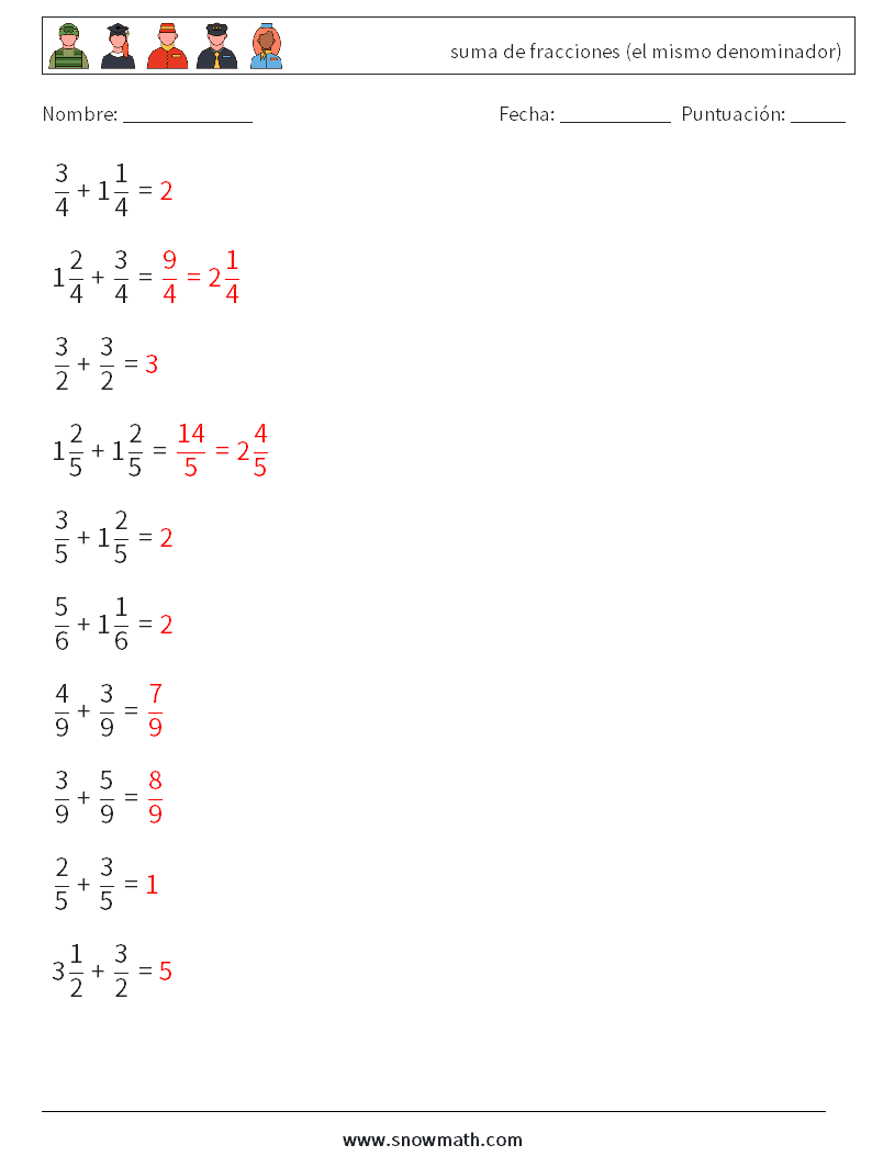 (10) suma de fracciones (el mismo denominador) Hojas de trabajo de matemáticas 9 Pregunta, respuesta