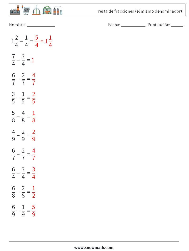 (10) resta de fracciones (el mismo denominador) Hojas de trabajo de matemáticas 10 Pregunta, respuesta