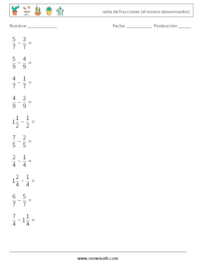 (10) resta de fracciones (el mismo denominador) Hojas de trabajo de matemáticas 11