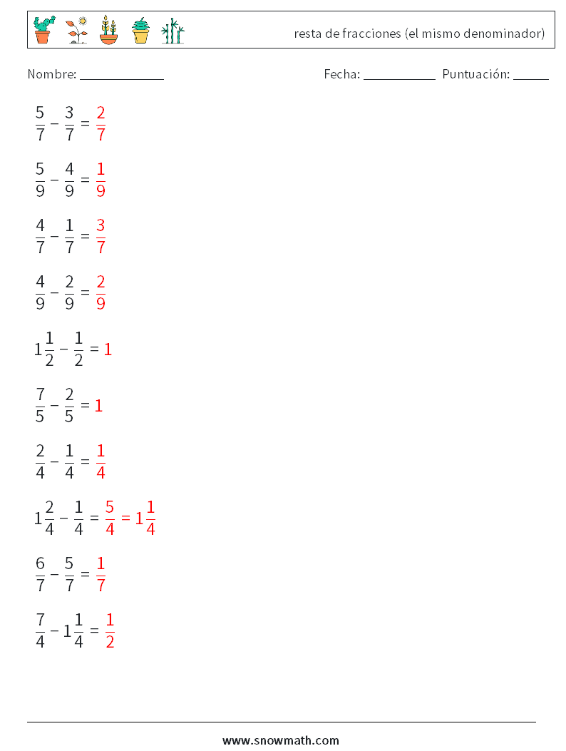 (10) resta de fracciones (el mismo denominador) Hojas de trabajo de matemáticas 11 Pregunta, respuesta