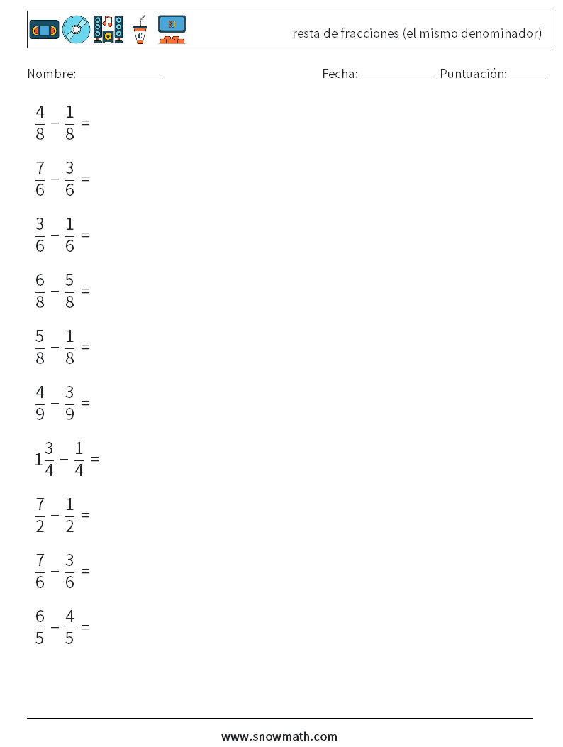 (10) resta de fracciones (el mismo denominador) Hojas de trabajo de matemáticas 12