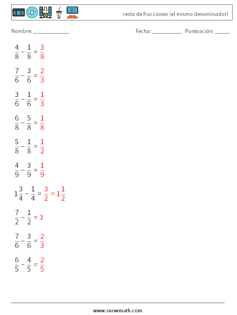 (10) resta de fracciones (el mismo denominador) Hojas de trabajo de matemáticas 12 Pregunta, respuesta