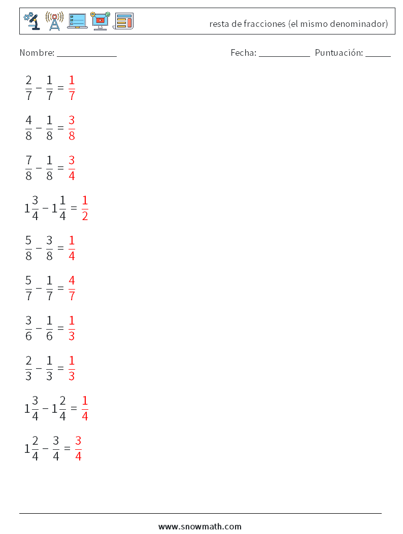 (10) resta de fracciones (el mismo denominador) Hojas de trabajo de matemáticas 13 Pregunta, respuesta