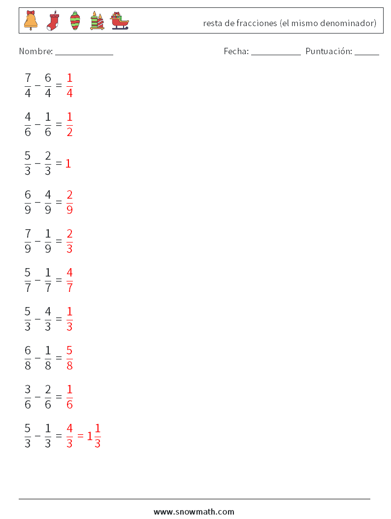 (10) resta de fracciones (el mismo denominador) Hojas de trabajo de matemáticas 14 Pregunta, respuesta