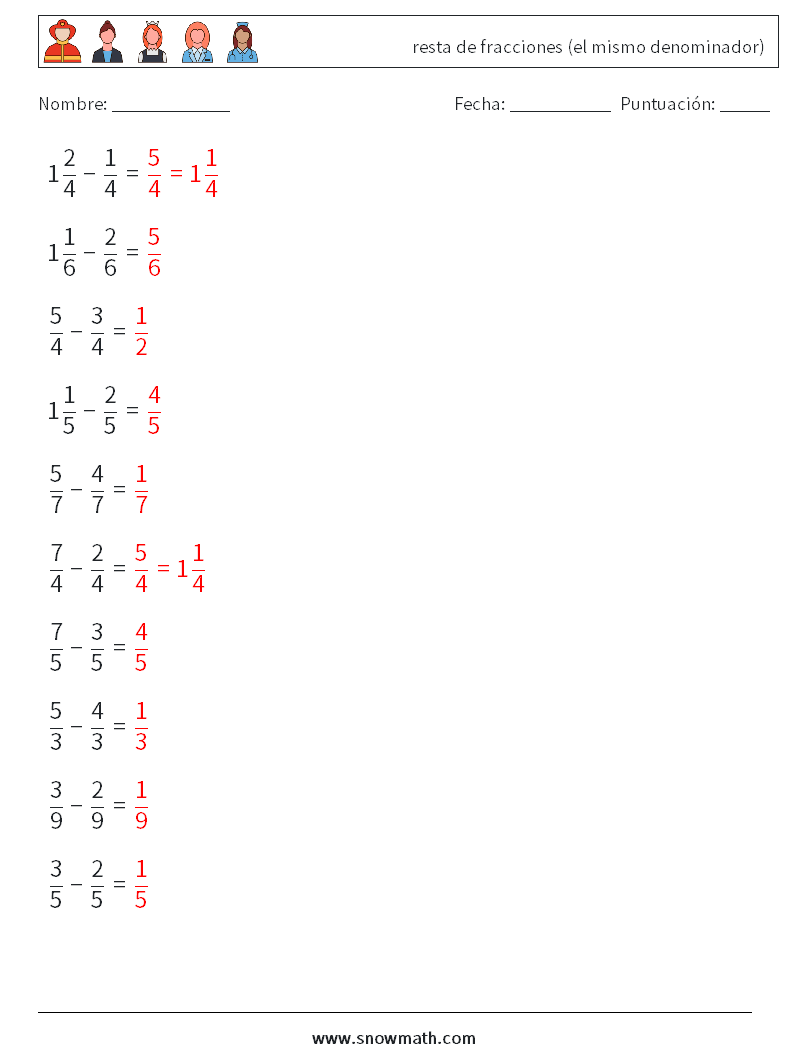 (10) resta de fracciones (el mismo denominador) Hojas de trabajo de matemáticas 15 Pregunta, respuesta