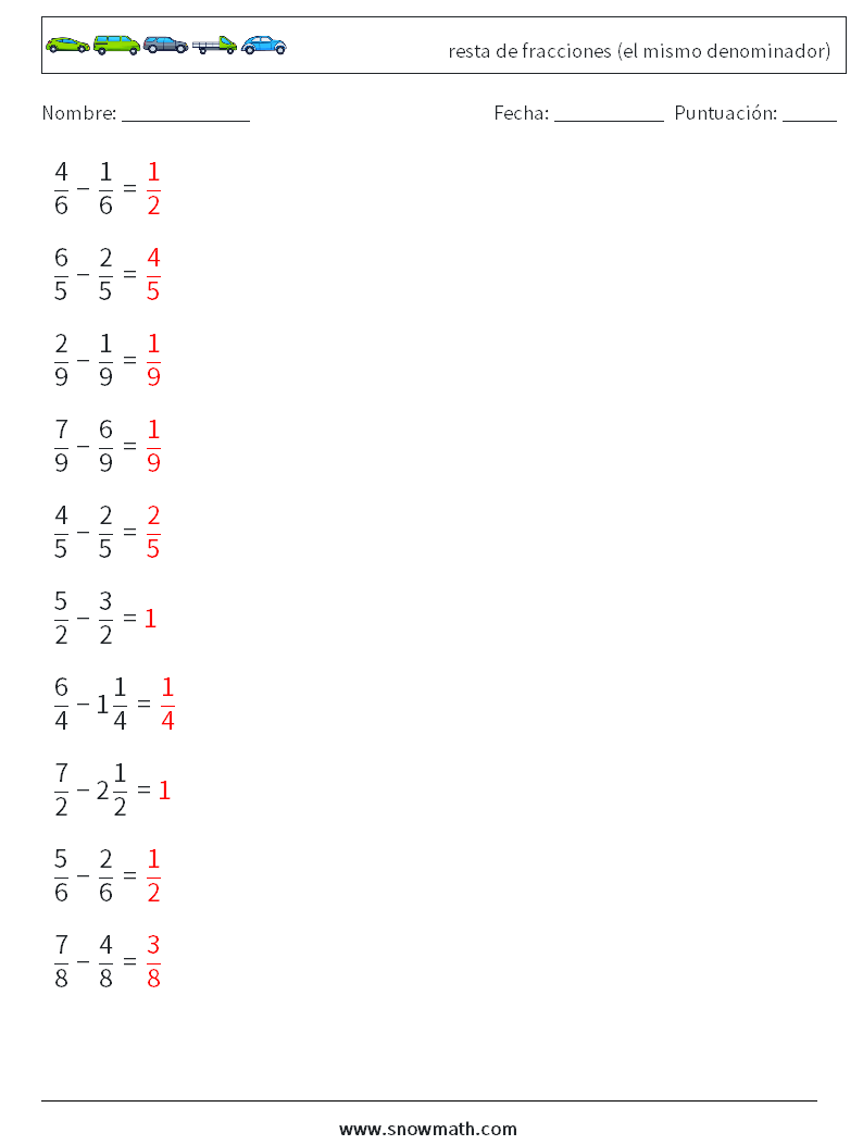 (10) resta de fracciones (el mismo denominador) Hojas de trabajo de matemáticas 16 Pregunta, respuesta