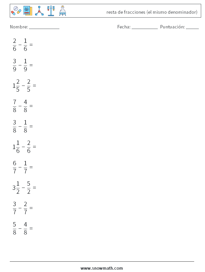 (10) resta de fracciones (el mismo denominador) Hojas de trabajo de matemáticas 17