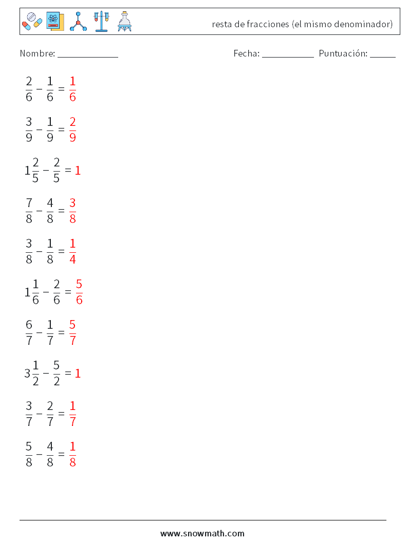 (10) resta de fracciones (el mismo denominador) Hojas de trabajo de matemáticas 17 Pregunta, respuesta