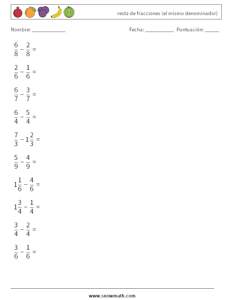 (10) resta de fracciones (el mismo denominador) Hojas de trabajo de matemáticas 18