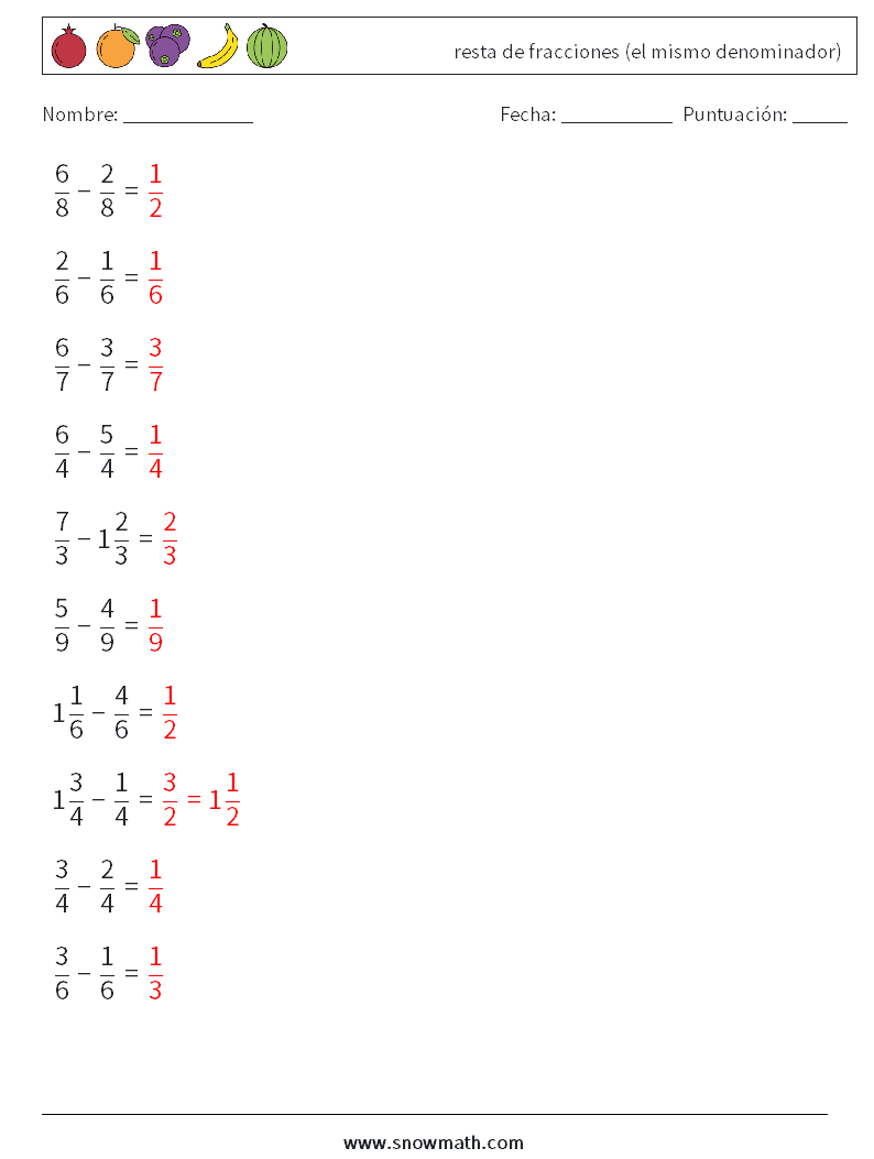 (10) resta de fracciones (el mismo denominador) Hojas de trabajo de matemáticas 18 Pregunta, respuesta