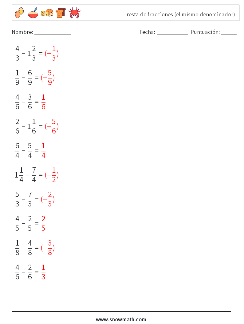 (10) resta de fracciones (el mismo denominador) Hojas de trabajo de matemáticas 1 Pregunta, respuesta