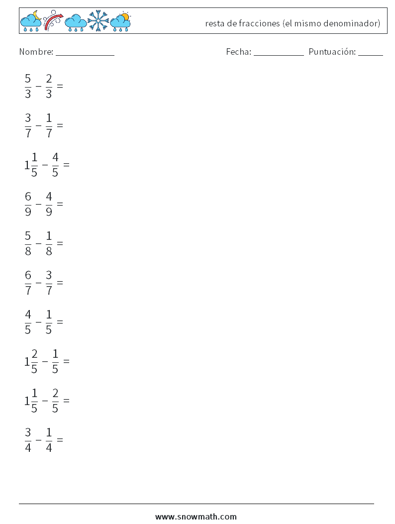 (10) resta de fracciones (el mismo denominador) Hojas de trabajo de matemáticas 2