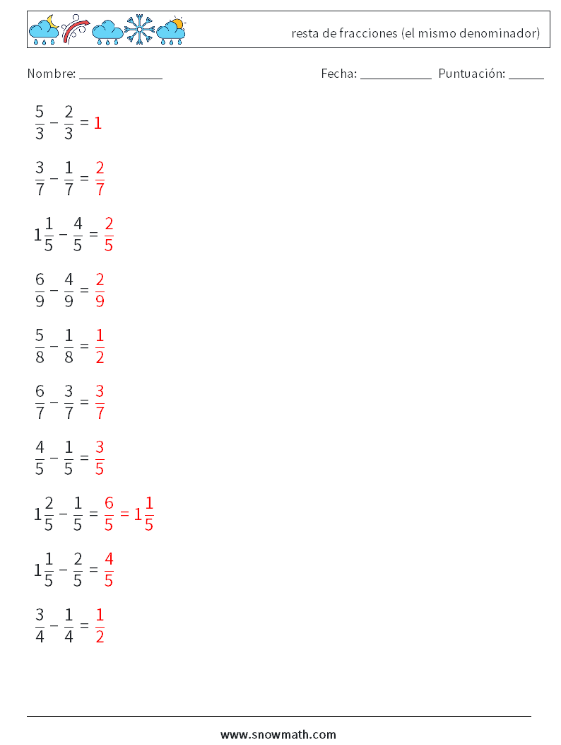 (10) resta de fracciones (el mismo denominador) Hojas de trabajo de matemáticas 2 Pregunta, respuesta