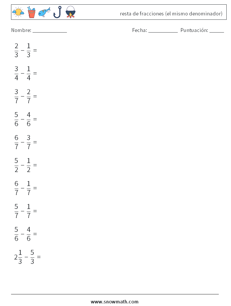 (10) resta de fracciones (el mismo denominador) Hojas de trabajo de matemáticas 3